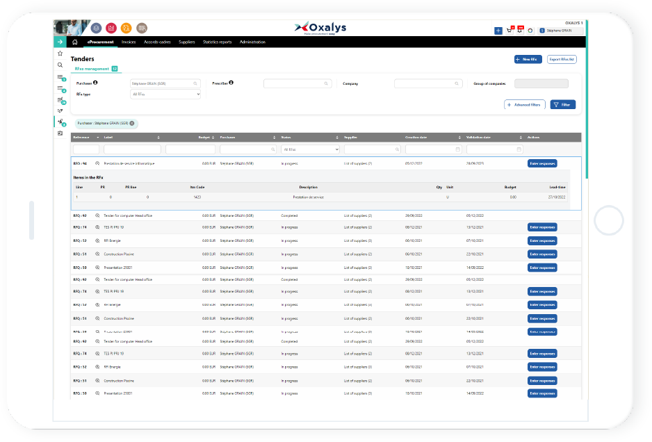 interfaccia oxalys per consultazione appalti per ottimizzare processo di acquisto