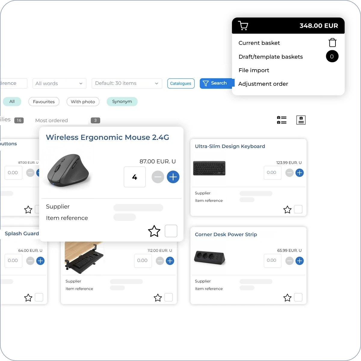 Oxalys integrated catalogues: product search, wireless ergonomic mouse and current basket