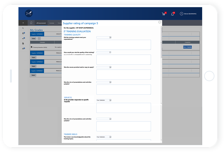 The Oxalys supplier performance assessment feature lets all employees in contact with your suppliers (buyers, operational staff, warehouse staff, etc.) speak out.